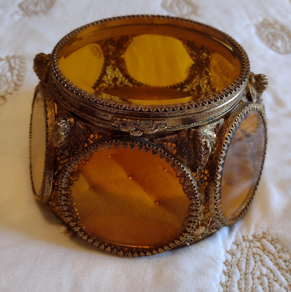 Vintage French Ormolu Amber Glass Jewelry Box